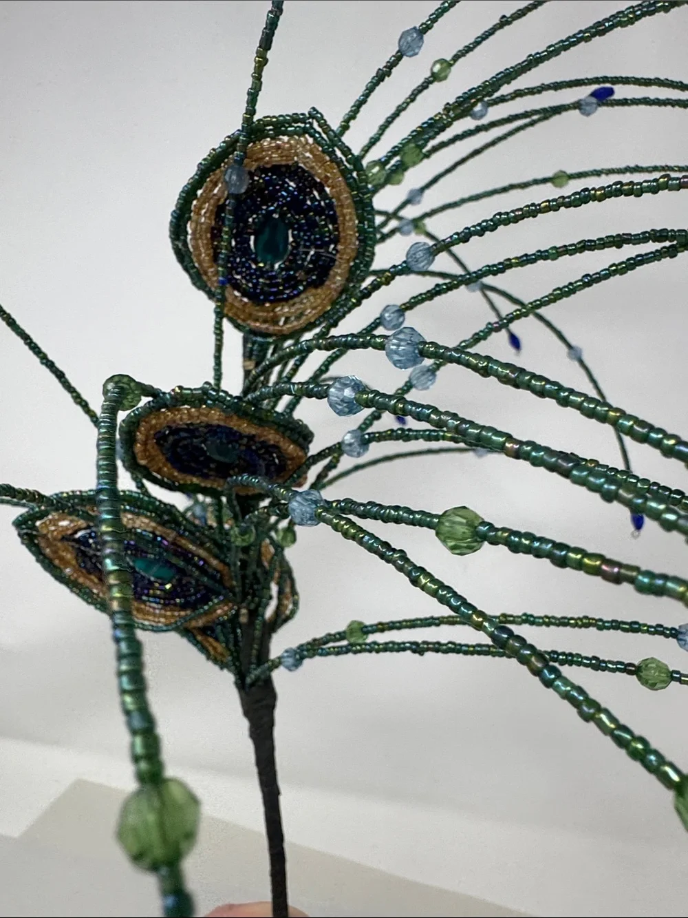 BEADED PEACOCK FEATHERS FOR A FLORAL ARRANGEMENT VASE DECOR ON STICK  RARE BOHO